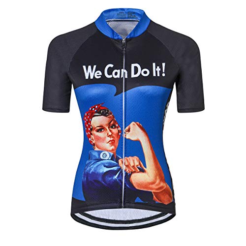 Mujer Ciclismo Jersey Tops verano manga corta completa cremallera bicicleta camisa, We Can Do It Azul, Large Cover