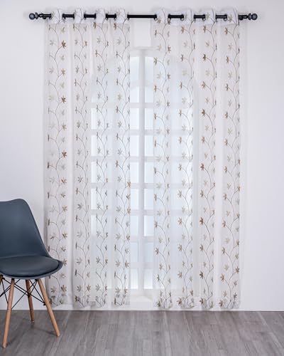 Image of (5 Ft Sheer Tissue with Embroidery Flower Design | Grommet Curtains Window Curtain | Window Curtain (Brown) | for Home | Pack of 2 | 152 L X 121 W Centimeters