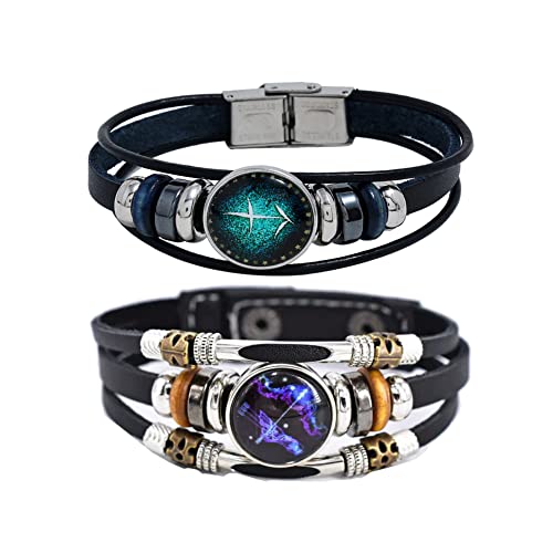 Constellation Zodiac Sagittarius Bracelet Handmade Woven Multilayer Zodiac Sign Leather Wrap Bracelet Wristband for Women Men Jewelry Gift 2Pcs Set