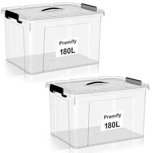 Premify 2 Pack Storage Box 180L Extra Large Clear Strong Plastic Storage Box with Lid Transparent Organizer Bin for Clothes Toys Food Kitchen Wardrobe Garage & Home Use