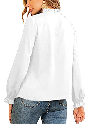 Lyaner Women's Frill Mock Neck Flounce Long Sleeve Solid Blouse Office Shirt Top White Medium #TOP1