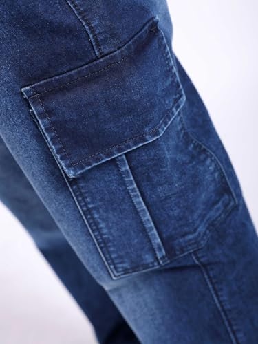 Image of The Indian Garage Co Men Regular Fit Solid Mid-Rise Stretchable Denim Cargo Joggers