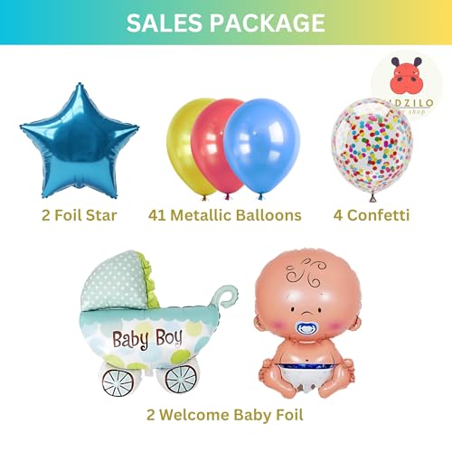 Image of 57 Pcs Welcome Baby Boy Decoration Kit | Balloons, Banner, Curtains, Foils, Stars, Hearts, Ribbon & Confetti for Baby Shower & Newborn Celebration Set 14