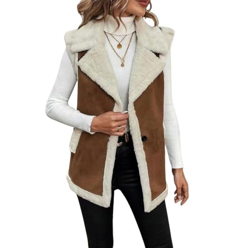 chouyatou Women's Winter Faux Suede Leather Vest Button Up Fuzzy Fleece Sleeveless Sherpa Jacket with Pockets