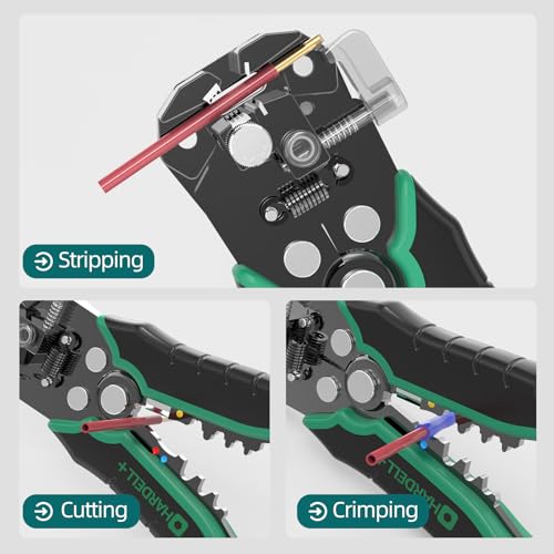 Image of HARDELL+ Wire Stripper, Self-Adjusting Wire Stripping Tool with 27 Universal Accessories, 3 in 1 Stripper /Cutter /Crimping Tool for Electronics Projects /DIY /Home Repairs (10-24 AWG)-8-IN-1