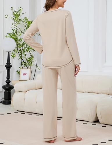 Image of KCW Womens Pajamas Sets 100% Cotton 2 Piece Lounge Set Long Sleeve Tops and Pants Soft Pjs Sleepwear with Pockets