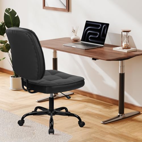 Image of CLATINA Armless Home Office Chair with Lumbar Support and Wheels, Small PU Leather Ergonomic Low Back Desk Chairs No Arms, Adjustable Height 360 Swivel Rolling Computer Task Chair, Black