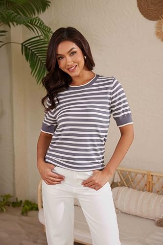 Image of Womens Tops Summer Short Sleeve Shirts Striped Sweater Cute Casual Top Trendy Women Clothing Crewneck Knit Blouses