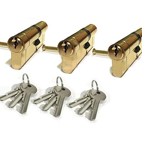 3 x Secure Euro Door Locks 40/55 BRASS Finish Keyed Alike 3 Keys Per Lock Cover