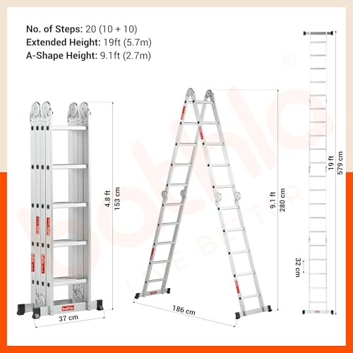Image of Bathla X-Tend 19 Ft Aluminium Multipurpose Foldable Step Ladder | Portable & Compact Folding Design | 150 Kg Load Capacity | 2-Year Warranty | for Home & Industrial Use | (5.7 m 20 Step)