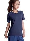 [YSENTO] スポーツtシャツ レディース 半袖 丸首 陽离子 トレーニングウェア 吸汗速乾 おしゃれ ジムウェア 運動着 ヨガ ランニング フィットネス トップス 伸縮性 日焼け防止 ネイビー L
