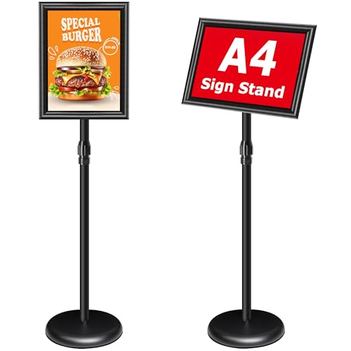 VAIIGO Poster Display Stand A4 Sign Holder Stand Floor Standing, Adjustable Signage Stands With Snap Frame, Menu Stands Outdoor Indoor, Sign Display for Restaurant, Office, Shop, Wedding, Black