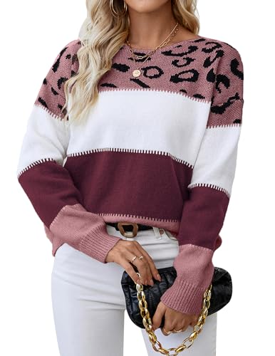 Women's Oversized Cute Color Block Leopard Sweater Spring 2025 Causal Cozy Ribbed Knit Crewneck Pullover Top