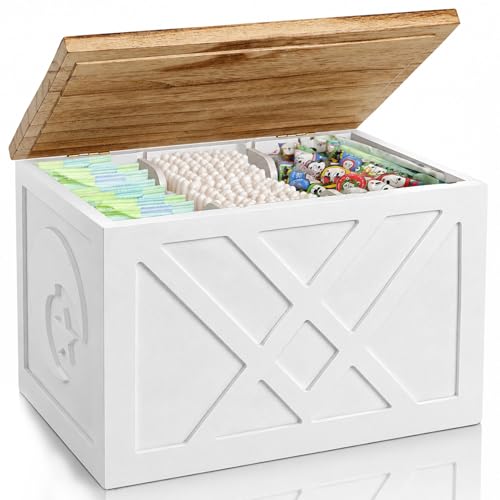 Consevisen Tampon Holder for Bathroom Wooden Feminine Product Organizer with Lid and Non-Slip Pad Shark Week Period Box Pad and Tampon Organizer Girl Stuff Box for Bathroom Toilet Countertop White