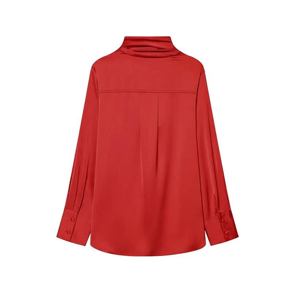 Blusa de satén para mujer, cuello bufanda, manga larga, camisa de oficina