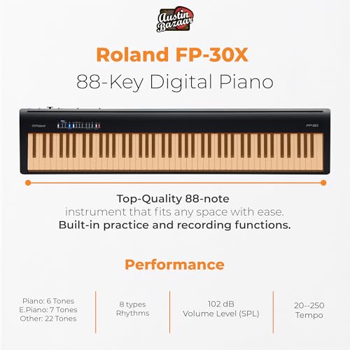 roland fp-30x 88-key digital piano - black bundle with adjustable stand bench sustain pedal online piano lessons instructional dvd and austin bazaar polishing cloth