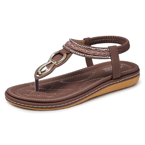 Image of SHIBEVER Flat Sandals for Women Dressy: Comfortable Thong Slip On Sandal | Elastic Ankle Strap Bohemian Women's Flats Shoes - Summer Comfort Flip Flops Open Toe Orthopedic for Walking Casual