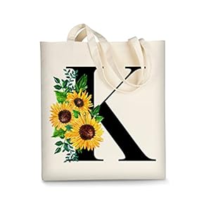 AUSVKAI Cute Sunflower Initial Canvas Tote Bag Aesthetic for Women