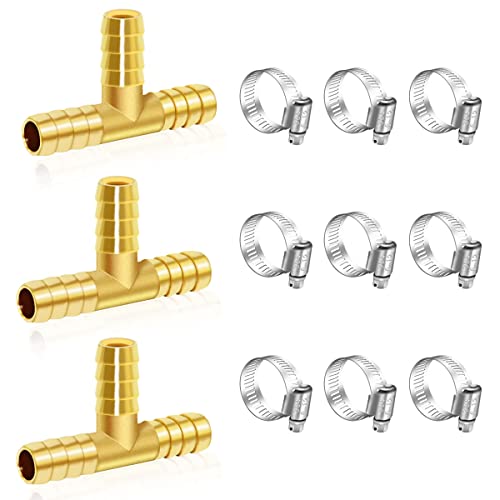 Tnuocke 3pcs 3 16 Brass Tee Barb Fittings,3 Way Union Intersection Fitting T Shape Barbed Splitter Fitting Splicer with Hose Clamps for Water Fuel Air H-058-3 16