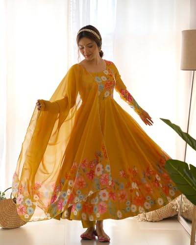 Image of KD Floral Printed Georgette Anarkali Suit for Women | Anarkali Kurta Set with Dupatta, Long Sleeve Kurti | Elegant Georgette Suit for Women Ethnic Kurti with Pant Asymmetric Hemline