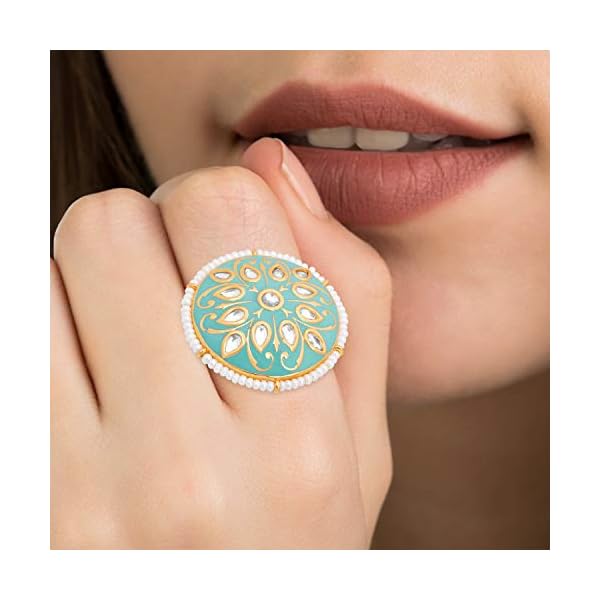 Peora Traditional Gold Plated Meena Work Kundan Pearl Adjustable Ring for Women Girls - Image 4