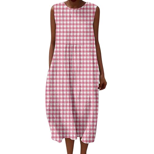 Robe d'été en lin pour femme - Robe d'été vintage en coton et lin - Imprimé vichy - Col rond - Sans manches - Robe longue fluide et décontractée - Style...