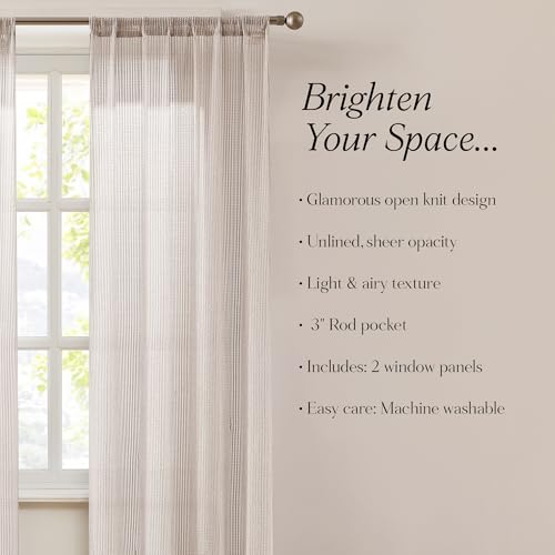 Image of Lush Decor - Curtains, Textured Sheer Window Panels, Knitted Style Home Decor (Mila Champagne, 84 inch x 38 inch)
