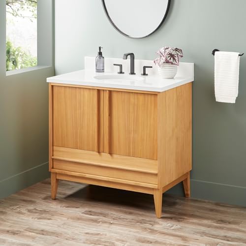 Signature Hardware 955208-36-UM-3 Sybill 36" Freestanding Teak Single Basin Vanity Set with Cabinet, Vanity Top, and Oval Porcelain Sink - 8" Faucet Holes - Natural Teak/Arctic White