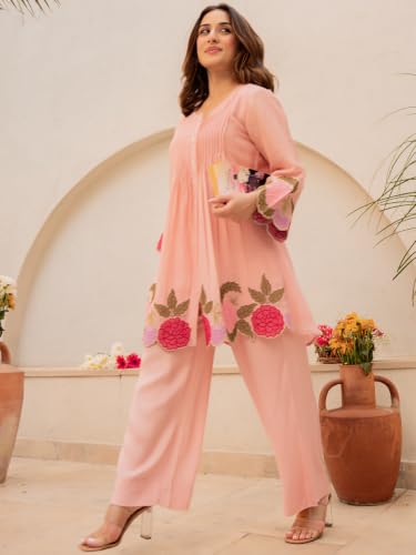 Image of Lilots Women's Chanderi Silk Kurta & Pants Set | Floral Embroidered Co-Ord Set | Ethnic Wear for Festive