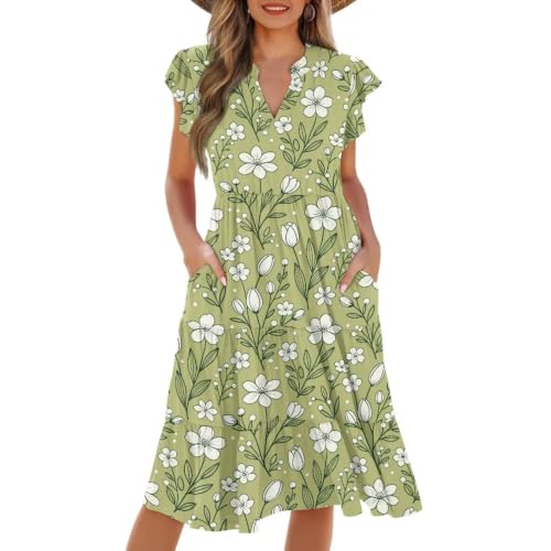 Image of Womens Summer Dress Ruffle Sleeve V Neck Dress Casual Fit Flowy Beach Vacation Sundress with Pocket S-2XL