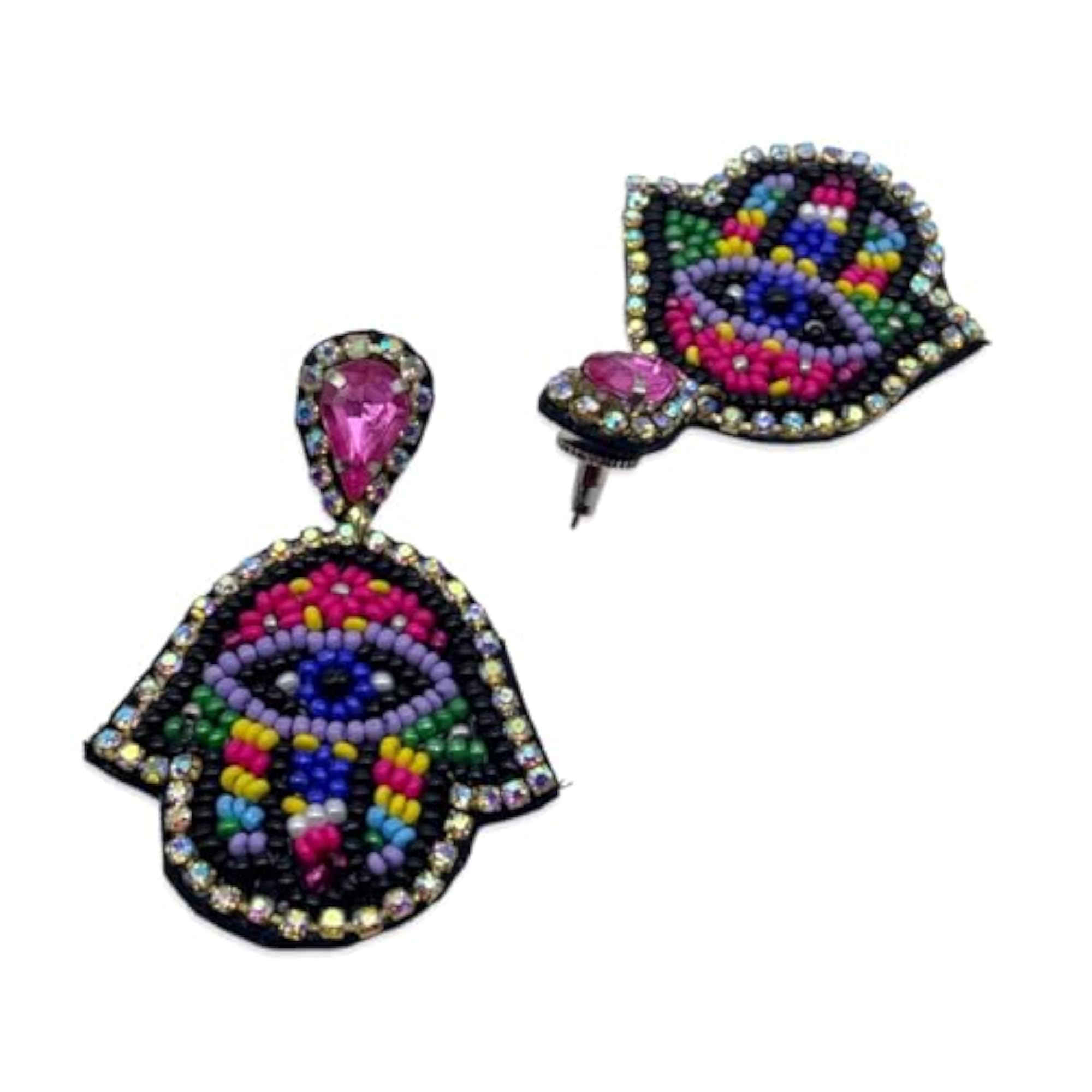 Stylish Evil Eye Hamsa Design Colourful Mini Beaded Dangler Earrings