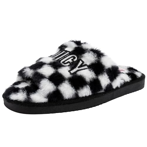 Juicy Couture Women's Faux Fur Slide Sandal Slippers, Open Toe, Comfortable Indoor Outdoor House Shoes, Eldoris-black White, X-Large