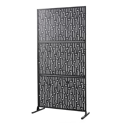 72" H×36" W Metal Privacy Screen - Glitzhome Outdoor Indoor Privacy Screens and Panels with Stand, Metal Fence Panels for Indoor Balcony Garden Backyard, Black- Bamboo Pattern