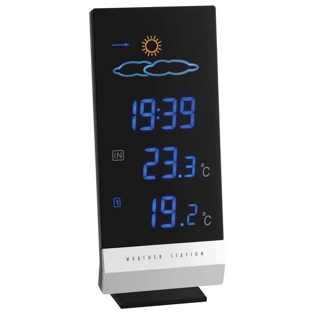 TFA Dostmann Lumax Funk Wetterstation, mit Farbdisplay, Außen- und Innentemperatur, Wettervorhersage, Funkuhr, innen und aussen, schwarz, L 80 x B 25 (58) x H 180 (192) mm