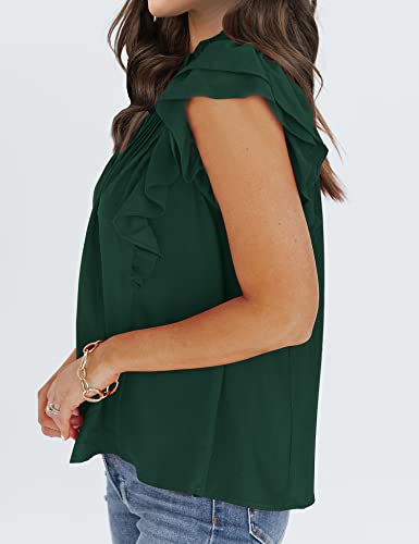Theenkoln Womens Pleated Blouse Ruffle Sleeve Shirts Mock Neck Keyhole Back Summer Tunic Tops Green #TOP3