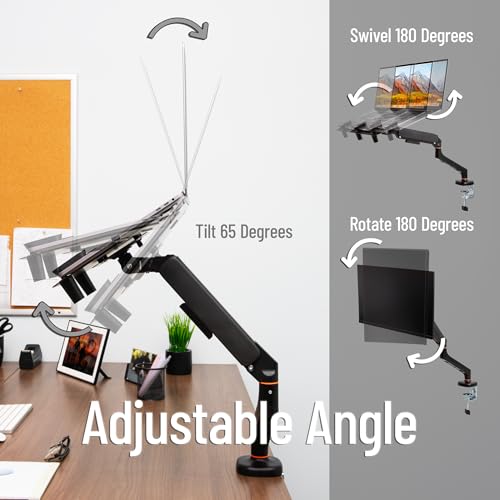 Image of Mind Reader Gas Spring Laptop Desk Mount, Fits 11.6-17.3 inch Laptops or Monitors, 180 Rotate, 13.2 lb Capacity, Single Arm with Integrated Cable Management, Adjustable Tilt /Swivel, Black