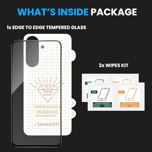 Image of ArmourPro Tempered Glass for Samsung Galaxy A37 with Back Clear Membrane Guard, Edge to Edge Screen Protector, Anti-Bubble, Anti-Fingerprint, Oil Resistant, Installation Kit | Black