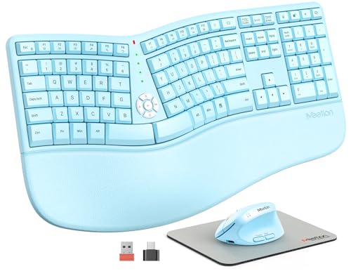 MEETION Erg Mouse, Ergo Keyboard with Vertical Mouse, Split Keyboard with Cushioned Wrist Palm Rest Natural Typing Rechargeable Full Size, Windows/Mac Blue