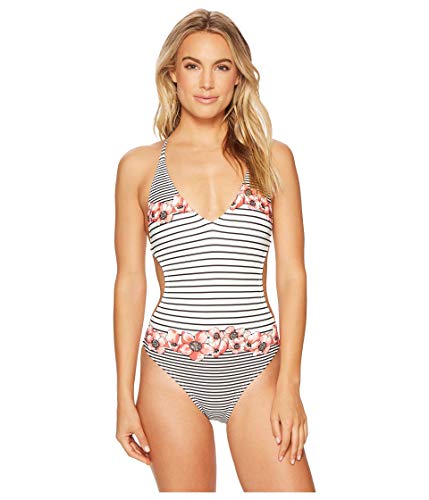 Vince Camuto Blossom Stripes Plunging Double Cross-Back One-Piece Swimsuit White Multi 10