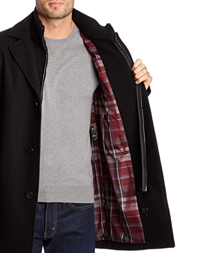Cole Haan Men's Classic Melton Top Coat With Faux Leather Details, Black, Large #TOP2
