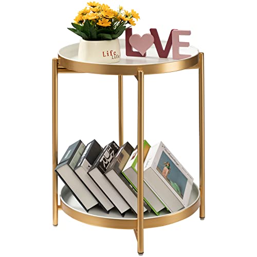 danpinera Table basse d'extérieur à 2 étagères, table basse ronde en métal avec plateau amovible, petite table pliante, antirouille, balcon, patio, or +...