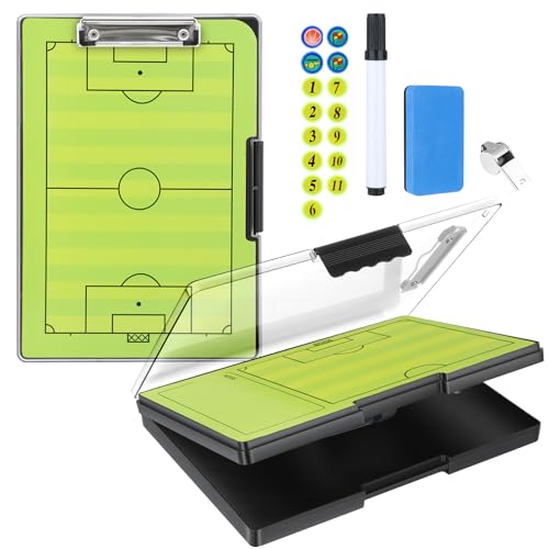 All-Weather Tactical Coaching Clipboard for Soccer & Basketball - Double-Sided Dry Erase Board with Magnetic Pieces Markers Eraser Whistle & Storage Case | Perfect Coach Gift (Soccer)
