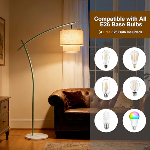 Image of Lightdot Arc Floor Lamp for Living Room, Modern Standing Tall Lamps with Double Linen Lampshade, Tall Hanging Pole Lamp with Bulb Included for Bedroom Sofa Beside /Corner Decor - Grayish Green