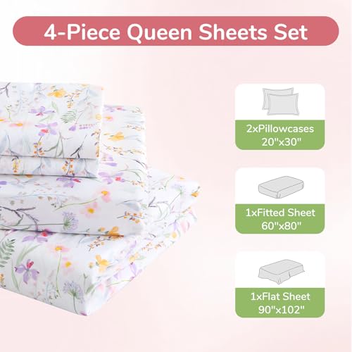 Image of MUXHOMO Queen Size 4 Piece Sheet Set, Soft & Breathable Sheet for Bedroom with Deep Pocket Up to 16 inch, Wrinkle-Free & Cooling Bed Sheet with Flat Sheet, Fitted Sheet & Pillowcases - Flower Scroll
