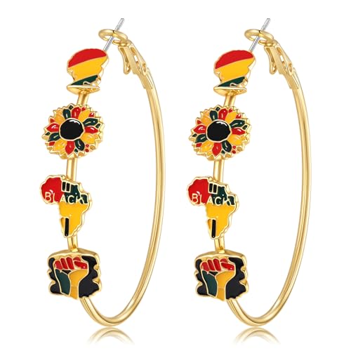 Juneteenth Earrings African Hoop Earrings for Black Women Sunflower Fist Africa Map Earring African Outfit Black History Month Jewelry Gifts (Style E)