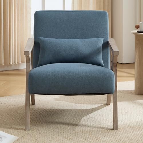 Sillón con estructura de madera y tapizado azul miniatura 7