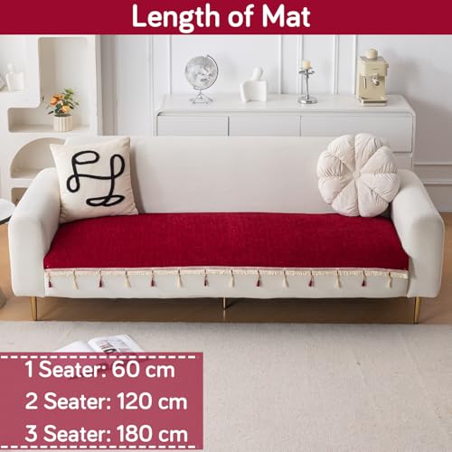 Image of HOKIPO 'Serenity Tassel' Chenille 3 Seater Sofa Cover with Tassel - Crimson Ruby (IN-892-MRN)