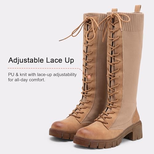 Image of Vepose Women's 953 Knee High Combat Boots Chunky Platform Heel, Lace Up Gothic Punk Work Boots for Dresses and Jeans