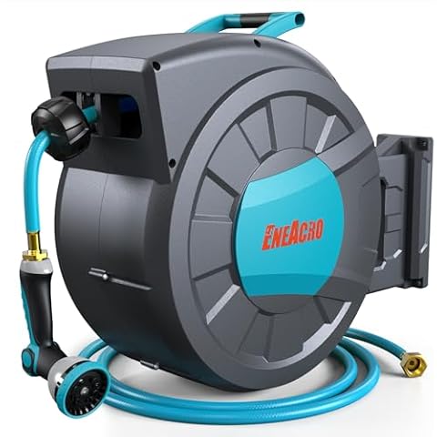ENEACRO Retractable Garden Hose Reel with Wall Mount 1/2"×120ft with 10 Pattern Hose Nozzle, Brass Connector, Auto Rewind/Any Length Lock/ 180° Swivel Bracket, Ideal for Garden Watering Cover