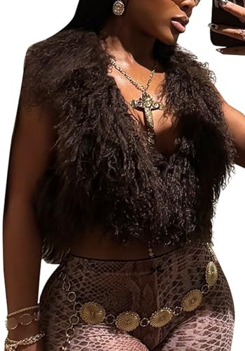 Women's Sexy Faux Fur Halter Top Backless Sleeveless Tie Back Fur Vest Fuzzy Tank Top Y2k Streetwear